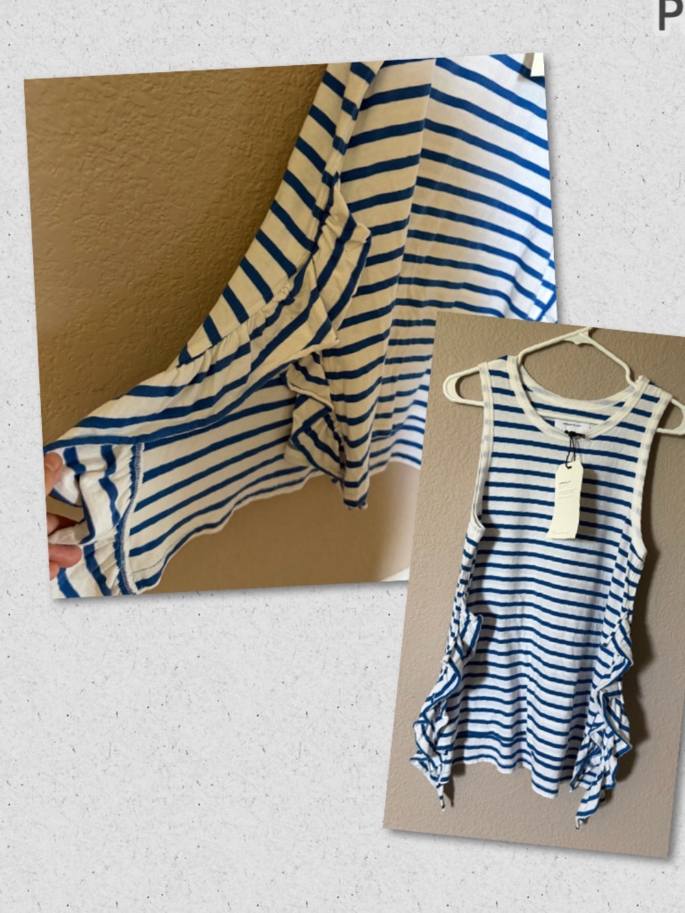 CURRENT ELLIOTT Womens 2 The Side Slit Ruffle Top Shirt Nautical Stripes $128
